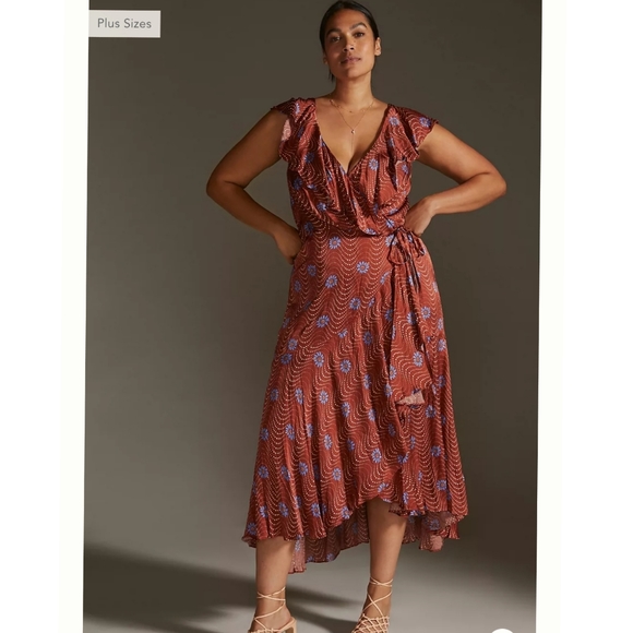 Anthropologie Ruffle-Sleeve Printed-Wrap Maxi Dress Size XL - Picture 7 of 10